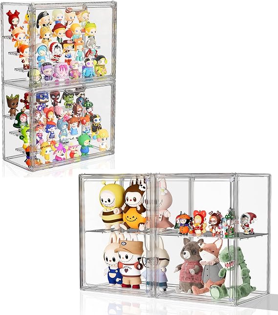 Clear Acrylic Display Case for Collectibles, 4 Layer 2 Pack XL+2 Pack XXL