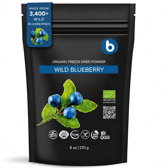 Organic Wild Blueberry Powder, Bilberry Powder - from Freeze Dried Blueberries, Frozen Blueberries - High in Anthocyanins & Polyphenols - for Smoothies, Baking & Natural Food Coloring - Vegan - 6oz