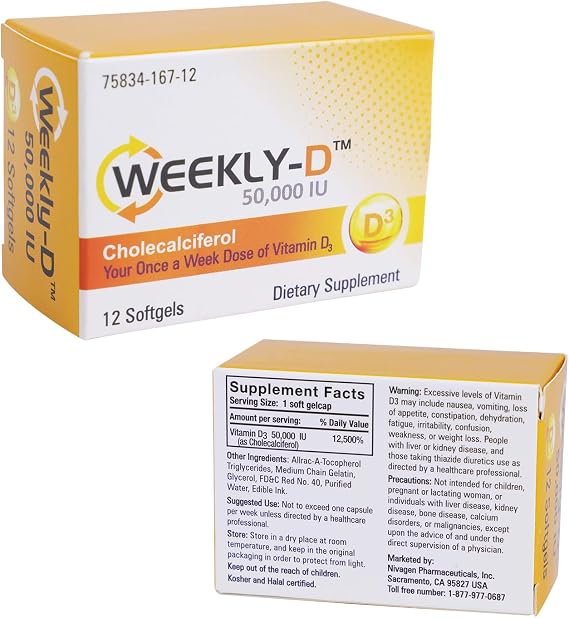 Nivagen Weekly-D Vitamin D3 50,000 IU (Cholecalciferol) | Once-Weekly High Potency Softgels | 12 Softgels | Supports Bone, Muscle & Immune Health | Easy to Swallow | Non-GMO, Gluten Free | Made in USA