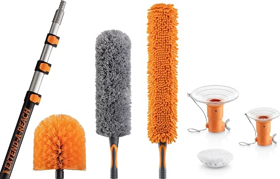 20 Foot High Reach Duster Kit with 4-12 ft Extension Pole & Light Bulb Changer Attachment Kit // Cobweb Duster, Feather Duster & Fan Duster // 2 Suction Cups and a Microfiber Cloth