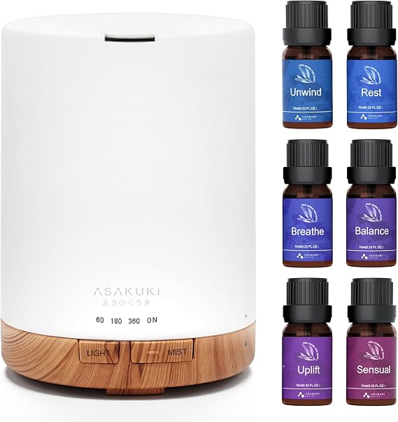 ASAKUKI 300ML Essential Oil Diffuser with Well-Wishing 6 * 10ml Essential Oil Blends Gift Set for Christmas & Holiday
