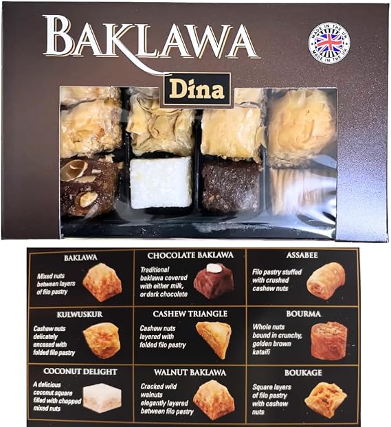 Baklava Pastries Sweets Tray - Dina Baklawa Chocolate Hazelnut Almond Macadamia Coconut Pistachio Cashew Filo Box (200g, 12 pieces)
