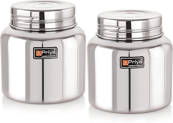 Priya Stainless Steel Jar/Dabba/Canister for Kitchen Storage with Thread Style Fitting, 1450 ml, Set of 2