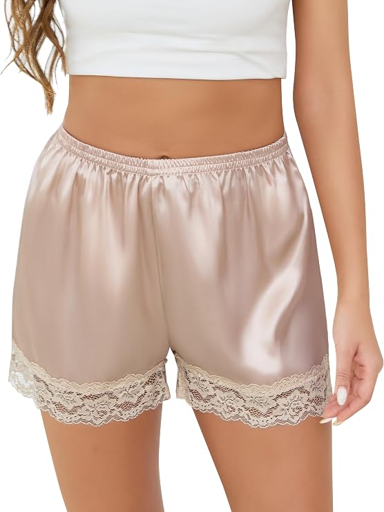 Vlazom Women's Pettipants Slip Shorts - Satin Lace Trim Anti-Chafing Boyshorts for Dresses,Seamless Full Coverage Underwear
