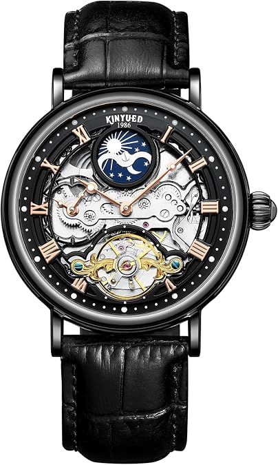 IK COLOURING Automatic Mechanical Mens Luxury Skeleton Automatic Mechanical Wrist Watches Leather Moon Phrase Luminous Hands Self-Wind Watch,Tourbillon Automatic Waterproof Wrist Watch for Men Gift