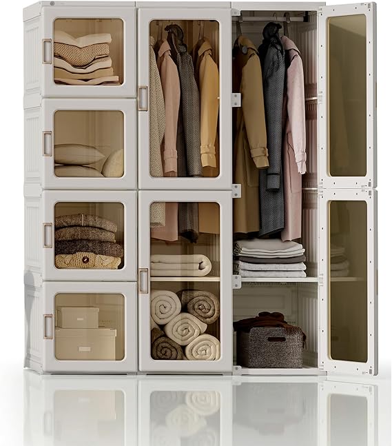 AP LAB Wardrobe Clothes Closet Foldable and Portable ClosetMagnetic Transparent Door Hanger Rack Clothing Storage Large Capacity Closet Storage Space-Saving Garment Case 12 Boxes with 2 Hanger