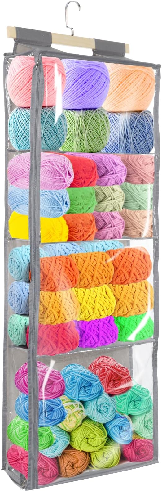YEXEXINM Hanging Yarn Storage with 4 Large Pockets, Clear Knitting Organizer Storage with Zippers for Crochet Lovers, Hanging Yarn Holder with Over-Door Hooks for Knitting Needles Crochet Hooks
