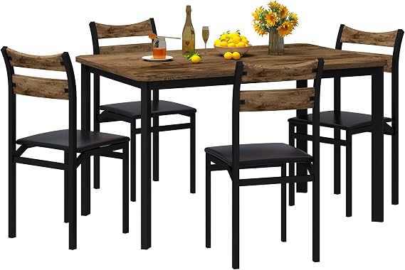 Recaceik Dining Table Set for 4, Wood Kitchen Table with Metal Frame & MDF Board, 5-Piece Kitchen Table Set for Small Space, Dinette and Apartment, Rustic Brown