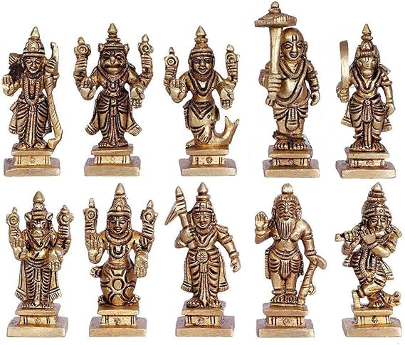 ARTVARKO Brass Dashavatara Dasavatharam of Lord Vishnu Statues Ten Incarnations Avatars Idol Murti for Mandir Puja Temple Height 2.5 Inch