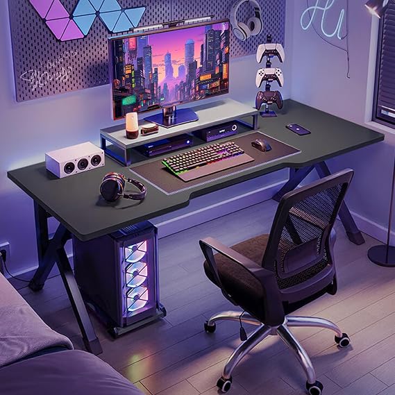 Gaming Desk - Standing Home Office Workstation with X-Shaped Steel Legs, Sturdy PC Desk with Cable Holes (60x100cm)