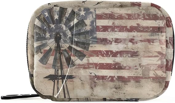 Windmill American Flag Weekly Pill Organizer Small Pill Box Bag Portable Travel Pill Case 7 Days Vitamin Supplement Holder with Zipper for Family Business Camping