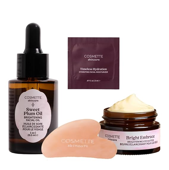 Daily Dark Spot Solution Bundle | Includes Sweet Plum Oil, Bright Embrace Eye Butter, Packette of Timeless Hydration Moisturizer, Gua Sha Tool