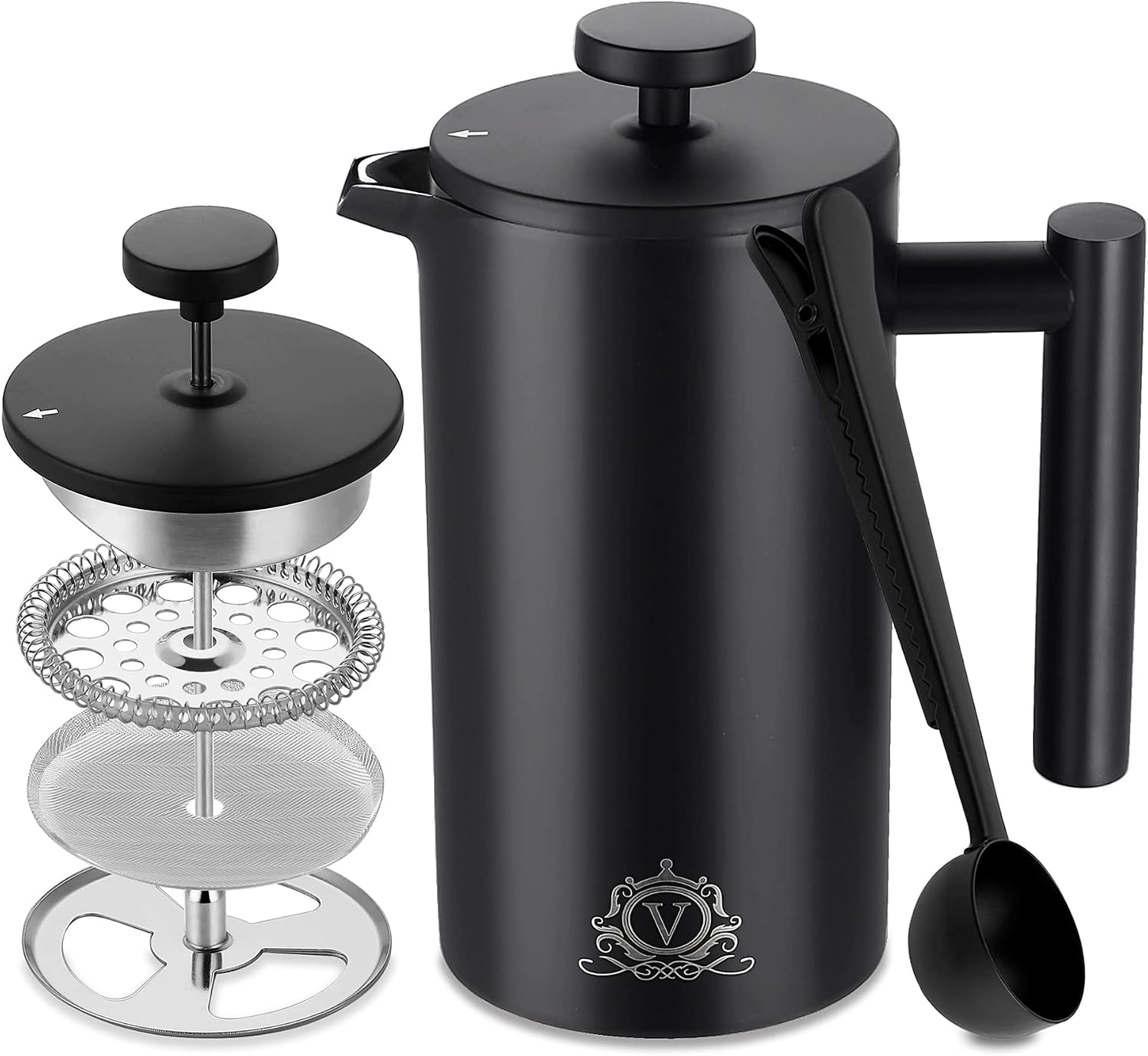 vancasso French Press, 800ml Food Grade Stainless Steel Dual Filter Screen French Press Coffee Maker with 3 Extra Filters, High Quality Double Wall Insulated Coffee Press for Home Office - Black
