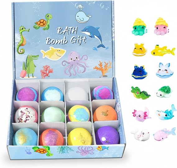 Bath Bombs for Kids with Toys Inside 12 Pack Natural Bath Bomb Kids with Surprise Toys Sea Creature Themed.