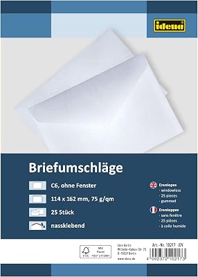 Idena 10217 Envelopes DIN C6, 75 gm², Gummed Without Window, Pack of 25, White