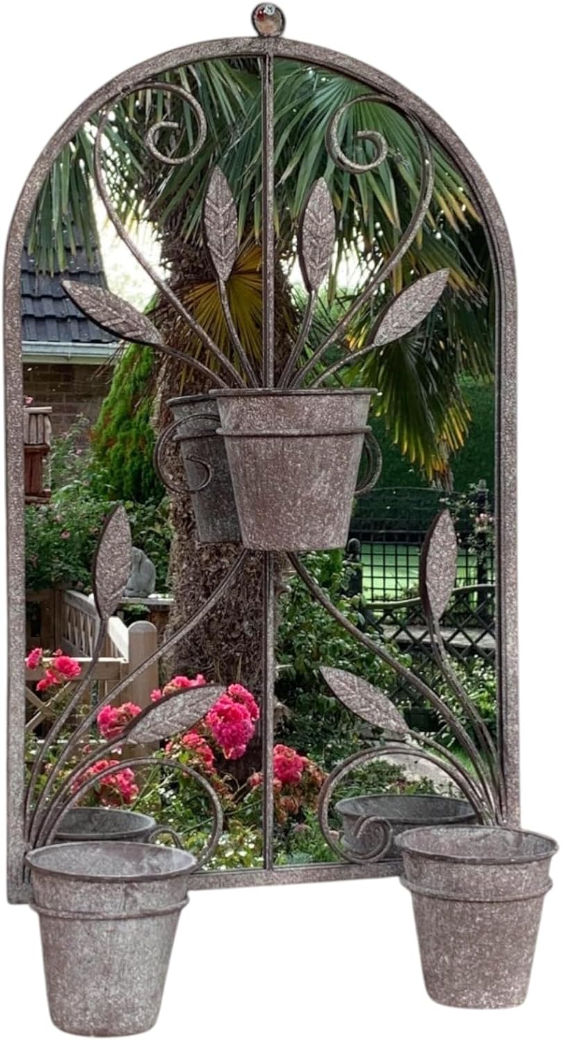 AcaciaHome Modern Rusty 70cm Metal Wall Mirror with Triple Planter Holder Vintage Style Arched Mirror with 3 Integrated Pots, Rustic Industrial Farmhouse Décor for Indoor & Outdoor Spaces