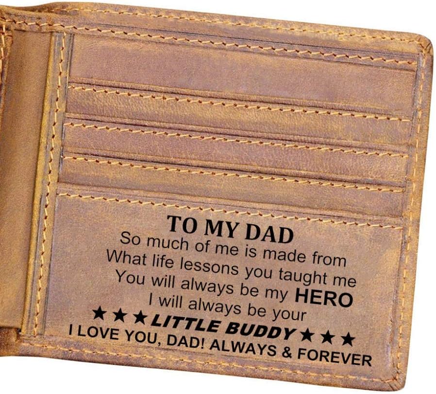 WASTIME Customized Leather Front Pocket Wallet - Slim Wallet RFID Minimalist Credit Card Wallets - Personalized Gift, Brown- to Dad from Son, Small, Customized Leather Wallet