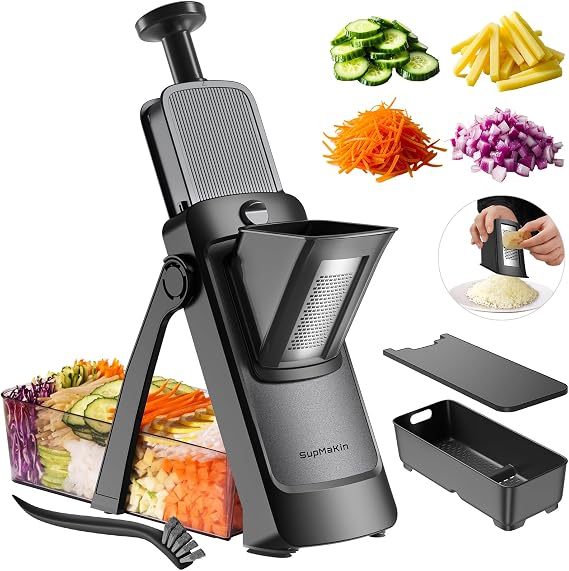 SupMaKin Safe Mandoline Slicer Pro, Vegetable Slicer Chopper with Container | Adjustable 1-8mm, Stainless Steel Blades,Potato Slicer Fry Cutter, Food Chopper, Detachable,Cheese Grater Dishwasher Safe