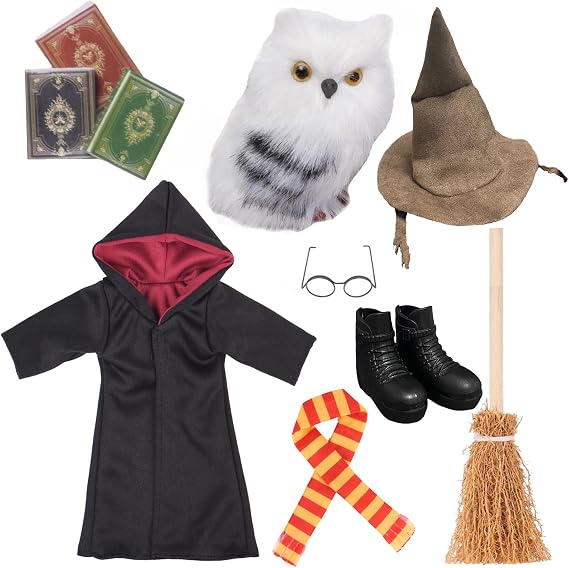 Wizard Christmas Elf Accessories for Elf Doll Clothes Christmas Costume Includes Robe, Broom, Scarf, Mini Glasses, Mini Book, Owl, Shoes and Hat(Wizard Setting pro)