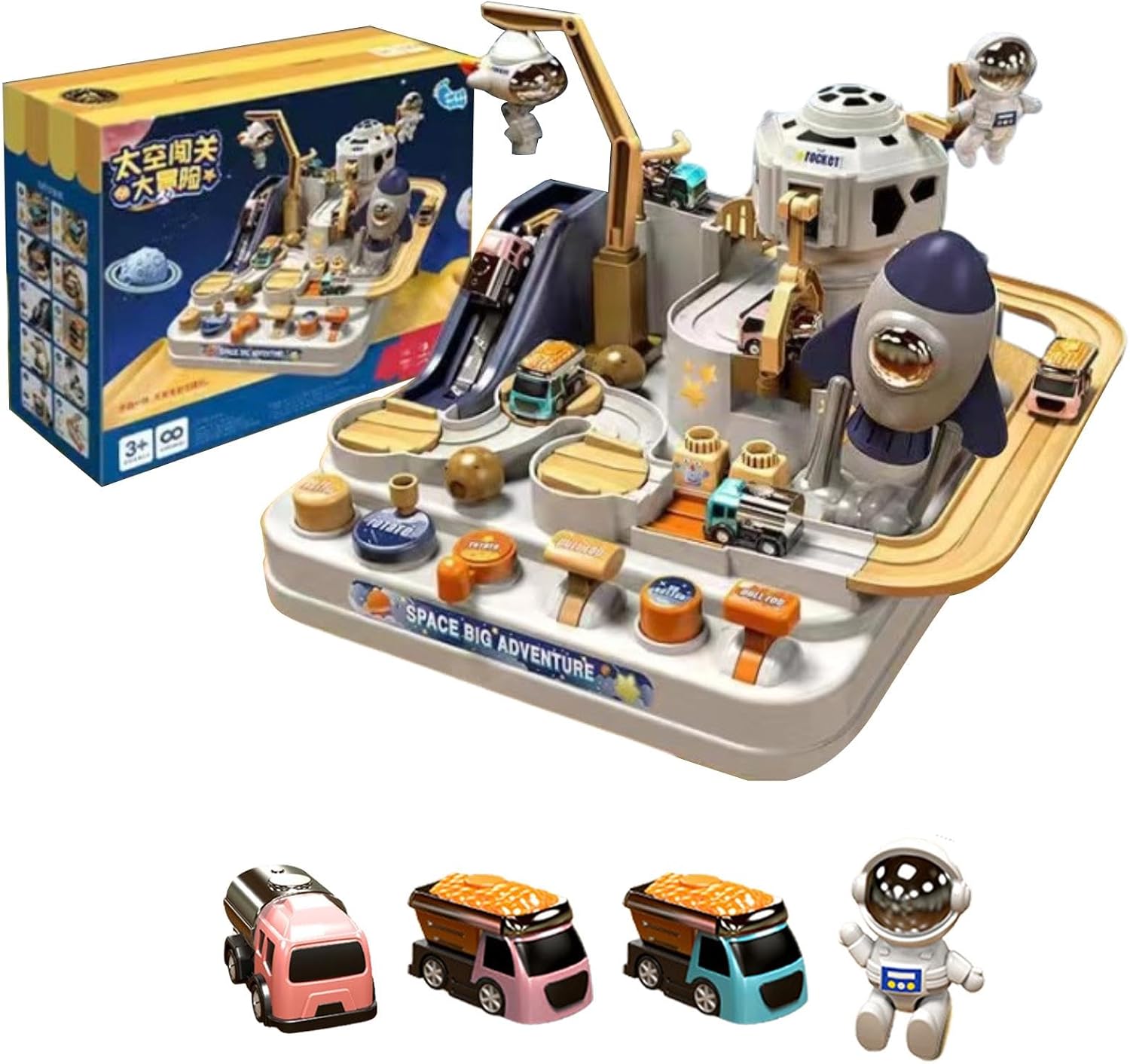 Racecourse Car Adventure Preschool, City Rescue Playset Toy 3 Mini Cars and 1 Astronaut - Toddler Kids Playset with 3 Mini Cars Puzzle Rail Car Toy for Boys Girls 3 4 567 Years Old