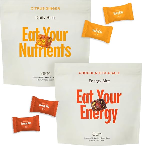 GEM GLP-1 Booster Bundle Real Food Bites for Appetite & Metabolism Support 28 Servings of GEMs Daily Bites and Caffeinated Energy Aid Bites Whole Food Nutrients, Vegan, Gluten-Free