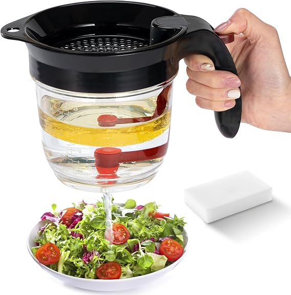 Fat Separator for Gravy,4 Cup,32oz,with Measuring Cup and Filter | Grease Gravy Separator with Scale,Grease Gravy Separator with Multi-Functional Dish Sponge