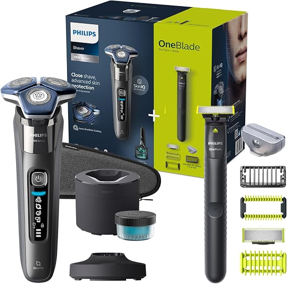 Philips Shaver Series 7000 - Wet & Dry Electric Shaver with SkinIQ Technology in Dark Chrome with Pop-up Trimmer, Quick Cleaning pod and Cartridge, Philips One Blade (Models S7887/78 and QI1864/20)