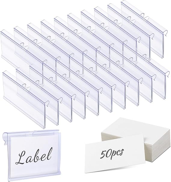 Meetory 50 PCS Clear Plastic Label Holders for Wire Shelf Retail Price Label, Basket Bin Labels Clip On, Labels for Storage Bins, Merchandise Sign Display Holder for Supermarket,Label Papers Included