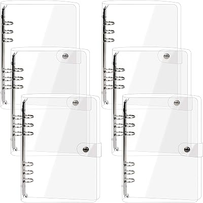 Elsjoy 6 Pack A5 Clear PVC Binder, 6-Ring Soft Notebook Binder Transparent Loose Leaf Binding Covers, Refillable Notebook Round Ring Binder with Snap Button Closure, 9.3 x 7