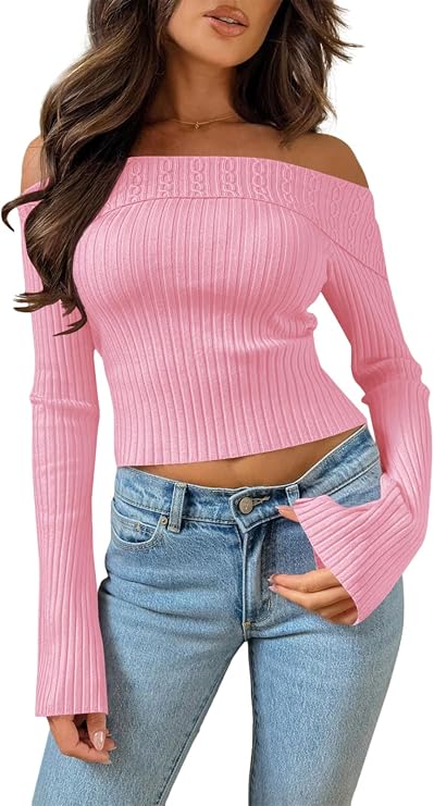 Goranbon Women's Off Shoulder Ribbed Knit Crop Sweaters Cute Wrap Long Sleeve Slim Pullover Jumper Tops Pink