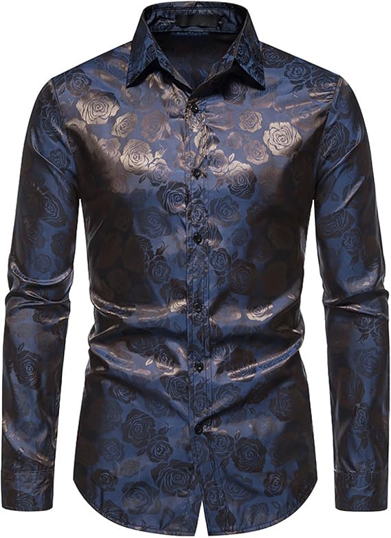 Men's Fashion Long Sleeve Floral Lapel Casual Shirt Slim Fit Casual Printed Shirt Button Dress Shirt Formal (Dark Blue,Medium)