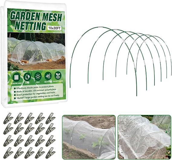 Garden Netting Kit for Raised Beds, 10x30FT Ultra Fine Mesh Netting &6 Sets Fiberglass Garden Hoops, Insect Netting for Garden Plant Row Cover Vegetable Flowers Protection Barrier