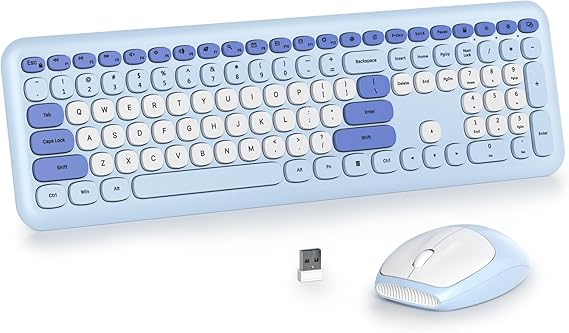 Wireless Typewriter Keyboard and Mouse Combo Retro 104 Key Full Size Office Set Blue with Silent Round Keycaps, Ideal for Laptop and Desktop PCs, Cute Design Keyboard (Blue White)