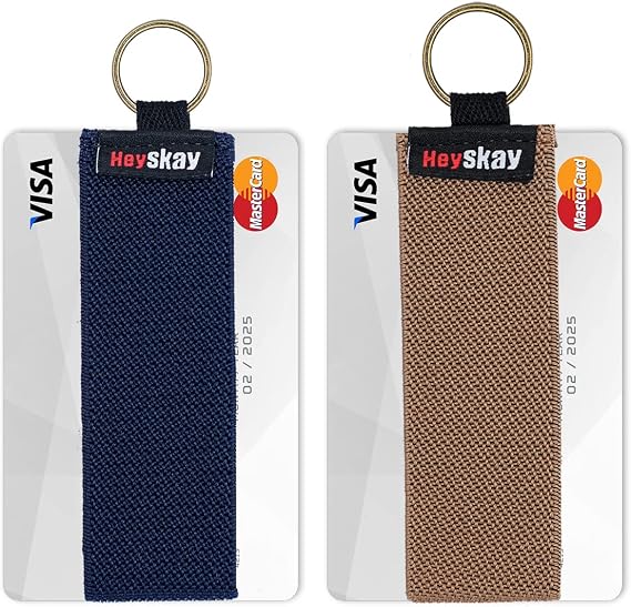 HEYSKAY Quick Draw Slim Minimalist Wallet for Men & Women, Elastic Band Minimal Credit Card Holder Case with Keychain (Dark blue/mid beige) | Credit Card Band Keychain, Quick Draw Elastic Credit Card Band Case For Men & Women