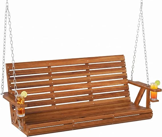 Outsunny Upgraded Wooden Porch Swing 3-Seater Cupholders 5 FT Carbonized
