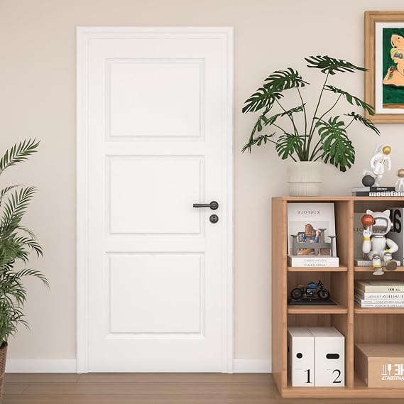 OHTOMO 28"x 80" Slab Door, 3-Panel Interior French Door Slab Shaker, Pre-Assembled Solid Core Wood Panel w/o Prehung Jamb, for Pantry Closet Laundry Bathroom Office, White Primed Surface
