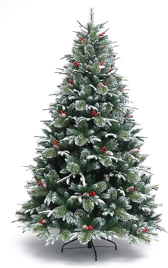 Christmas Tree Unlit Tree Metal Legs Indoor Outdoor Decor,PVC Tree With Realistic Branch Pine Cones Berries,Flocked Snow Hinged Artificial Christmas Tree-Green 300cm/10ft (Green，white，red 240cm/8f
