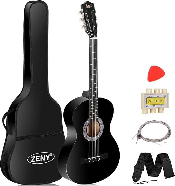 ZENY Beginners 38 inch Acoustic Guitar Package Kit for Right-handed Starters Music Lovers w/ Case, Strap, Pitch Pipe and Pick (Black)