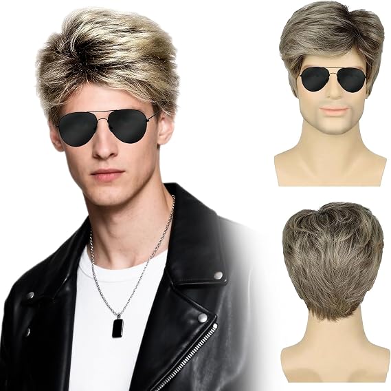 Short Blonde Wig Men, Men's 80's Street Wig, Blonde Afro Wigs 70s 80s Fancy Dress Adult for Halloween Disco Fancy Dress Accessory (Blonde)