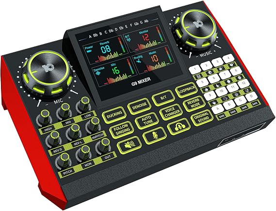Audio Mixer, Sound Board for Pc/Phone Live Streaming Singing Gaming, Podcast Mixer for 3.5mm/Xlr Dynamic Microphone, Live Sound Card with DJ Mixer Effects & Voice Changer, Denoise, One Click Mute