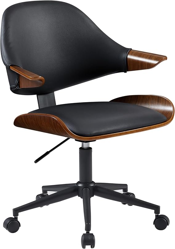 Zouron Swivel Desk Chair with Wheels, Walnut Back Office Chair with Casters, Upholstered Computer Chairs for Home Office Study Bedroom Vanity, Faux Leather Black