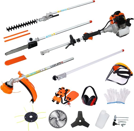 Power Hedge Trimmer, 10 in 1 Multi-Functional Trimming Tool, Professional 33CC 2-Cycle Garden Tool System with Gas Pole Saw, Grass Trimmer, and Brush Cutter for Lawn Care (33 CC, 10 in 1, Orange)