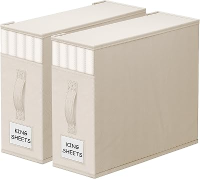 2 Pack Bed Sheet Closet Organizers and Storage,Sturdy Foldable Storage Containers with Window and Label,Storage and Organization for Bedding Sheets,Duvet Covers,Blankets Beige