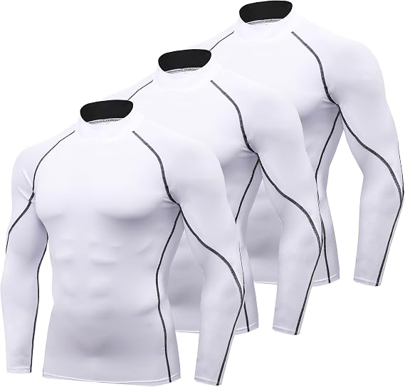 YUSHOW 3 Pack Compression Tops for Men Long Sleeve Mens Running Top Quick Dry Turtleneck Base Layer Top for Gym Sports Fitness Workout Cycling Football Training T-Shirts