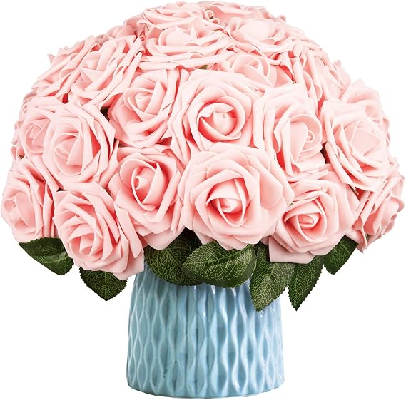 MassaMAX Artificial Roses Flower in Bulk, 25pcs Real Looking Flower Arrangement with Stem and Heads for DIY, Home Decoration, Wedding, Living Room (Pink, no Vase)