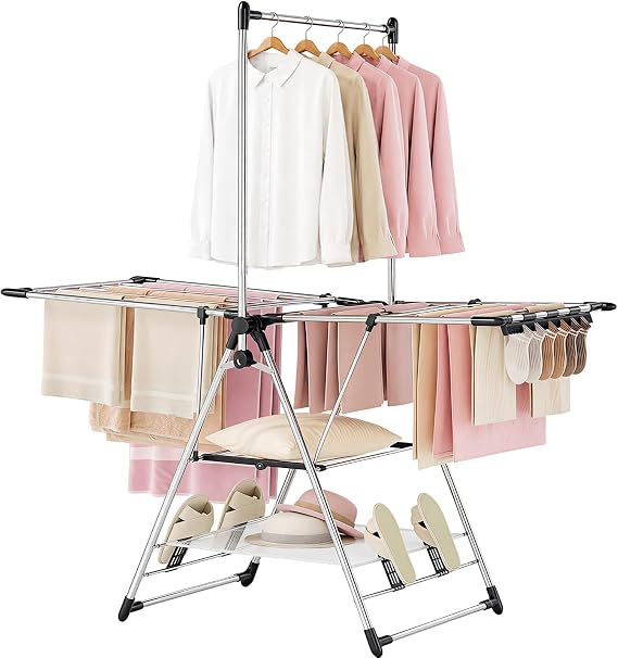 APEXCHASER Clothes Drying Rack with High Hanger, 3-Level Drying Racks | Foldable Laundry Stand with Adjustable Wings,Shoe Rack, Crossbar, Black