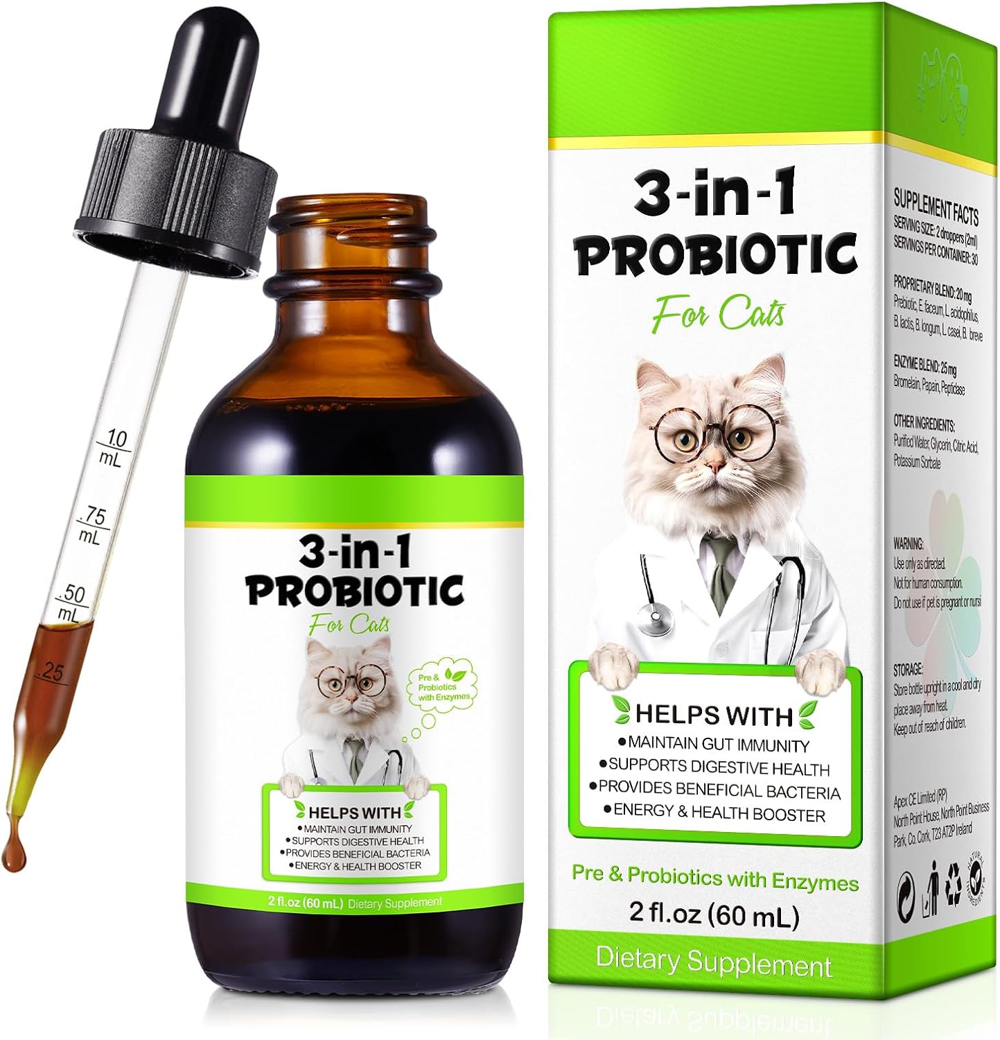 Probiotics for Cats, 3-in-1 Probiotics for Cats with Digestive Enzymes & Prebiotics,Support Gut Health, Immune Health, for All Breed Ages 60 ml