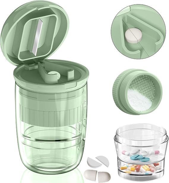 Pill Cutter Crusher Splitter: 3-in-1 Portable Storage Case Green | All-in-One Pill Cutter Crusher Fine Powder - Portable Pill Case Storage Compartments & Water Cup - Cuts Small or Large Pills
