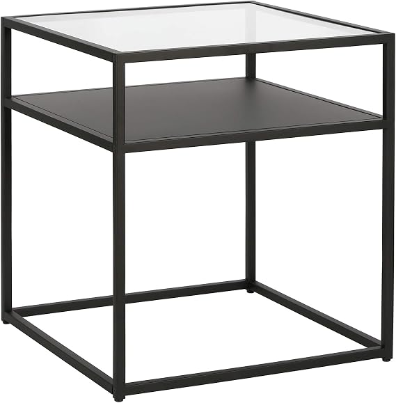 Ada 20'' Wide Square Side Table in Blackened Bronze | Square design with a glass top and open metal storage shelf, offering industrial style for living rooms, offices, or bedrooms