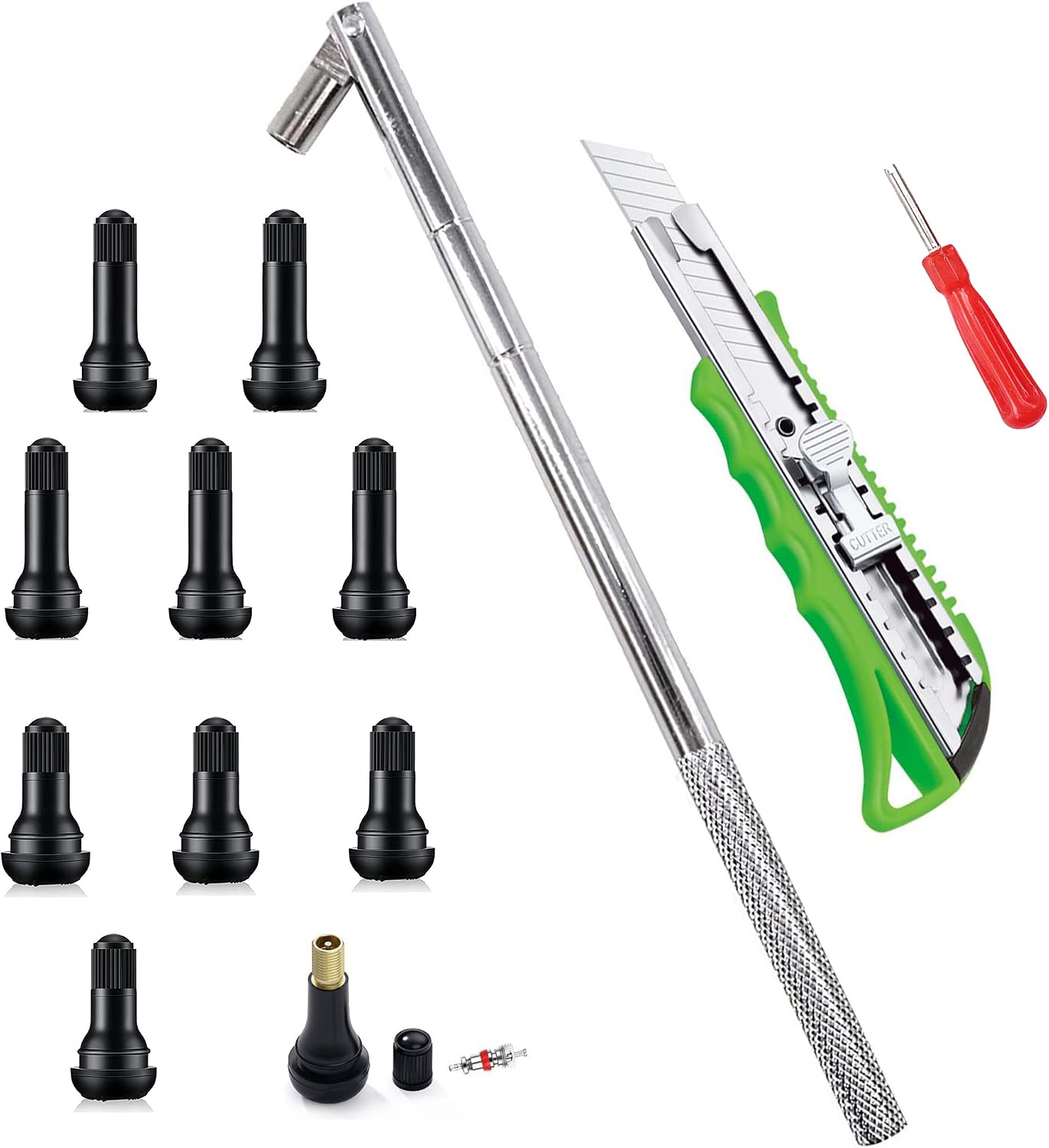 LOGOL Tire Valve Stem Puller Tools Set–1 x Valve Stem Installer.10 Pcs Snap-in Valve Stems with Valve Stem Cores5 x TR412,5 x TR413.1 x Valve Core Remover. 1 xUtility Knife